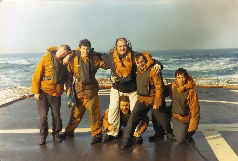 77scan0003_jpg.jpg - Flying Stations 1977 L-R Andy Ireland (Chief Greenie), Adrian Baxter (Naval Air Mechanic), 'Tank' Warren (MAA/FDO), [under Joss] Jan Phelps (Chief Air Mech/SMR), 'Dinger' Bell (Killick Pinkie), Kev Arnold (Naval Airman).-photo©David Marchant 